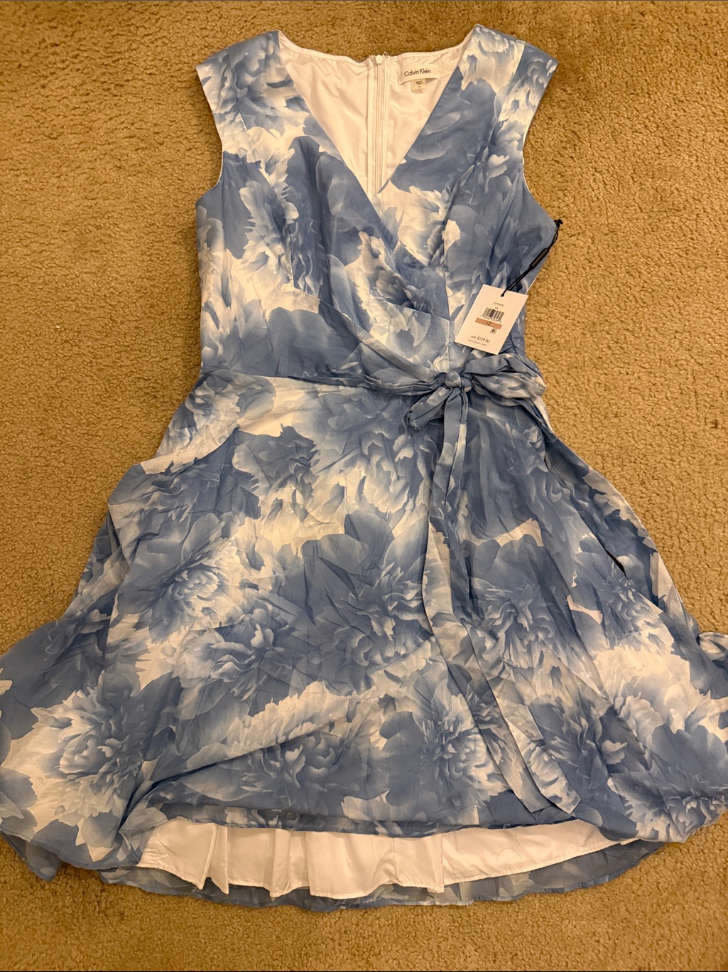 Calvin Klein Light Blue & White Floral Wrap Midi Dress